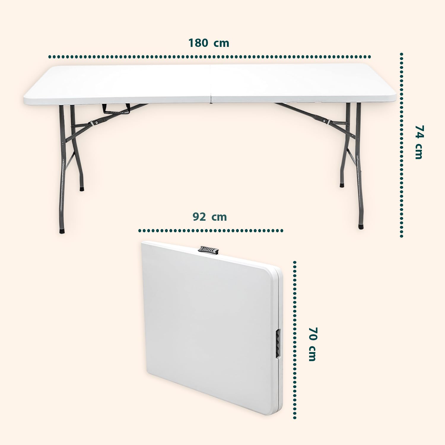 Avilia - Tavolo Pieghevole da Pranzo Salvaspazio per Cucina e Soggiorno, Richiudibile e Portatile con Blocco di Sicurezza, Superficie in HDPE per 6 Persone, 180x70x74 cm Bianco