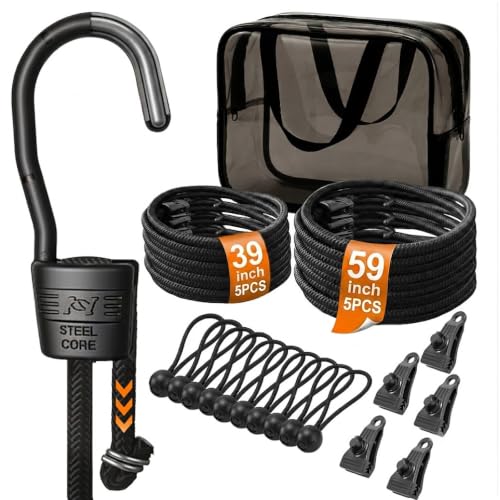 Adjustable Bungee Cords with Hooks Heavy Duty Outdoor (26 Pcs) 3mm Steel Core Anti-Scratch Hooks Premium Elastic Cord Set with Tarp Clips & Ball Bungees for Camping Gear Tie Downs & Garage