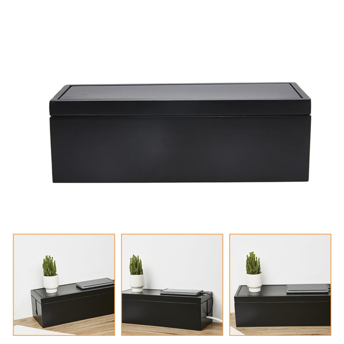 Scatola Gestione Cavi in Legno Nero Coperchio Aperto | Fili e Telefoni, Gestione Domestica e Ordine sulla Postazione, Design per Ricarica Multipla