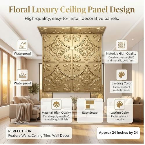 Image of Kayra Decor Waterproof 3D PVC Ceiling Panels (2x2 Feet) - Anti-Dampness & Heat Resistant False Ceiling Tiles - Durable Alternative to POP & Gypsum - Pack of 18 - Champagne Gold