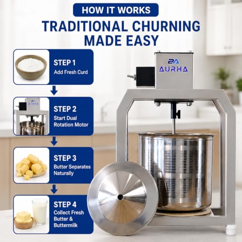 Image of AURHA 8L Stainless Steel Butter Churner Machine | 950 RPM Electric Buttermilk & Butter Maker | Dual Rotation Curd Churning Machine | Traditional Bilona Mixer for Home, Dairy Farm & Commercial Use