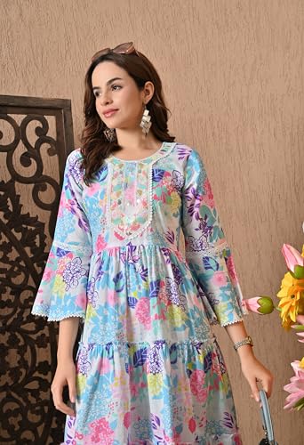 Image of LIBOZA 100% Cotton Floral Print Tiered Midi Dress, Bell Sleeves, Lace Trim Detail, White and Multicolour for Women, Office, Party, All Occassions