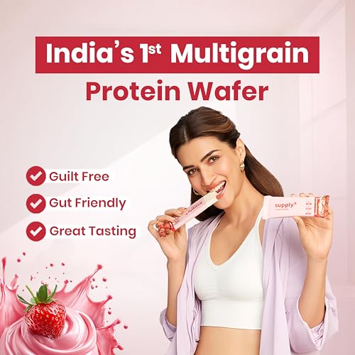 Image of SUPPLY6 Protein Wafer Bars | Pack of 10 | Multigrain Crunchy Wafer | Vegetarian | 10g Protein | 3g Fiber | No Added Sugar | 400 G (Strawberry)