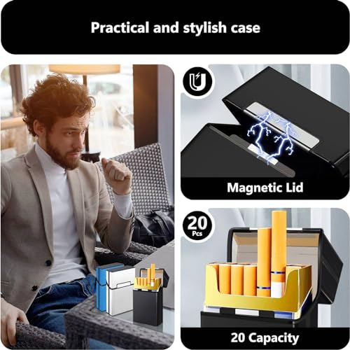 roygra Cigarette Case 3 Pack - 85mm King Size, Magnetic 20 Capacity Aluminum (Black + Silver + Blue) - Image 4