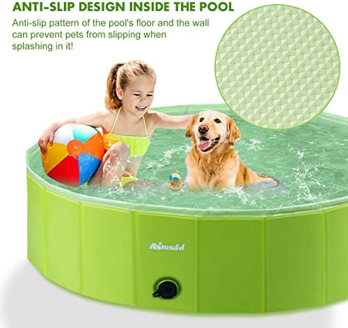 Asmsdd Dog Pool Foldable Kids Paddling Pool Portable Dog Swimming Pool Pet Paddling Pool PVC Non-Slip Large Pet Bathing Bath Tub Playing Pool for Dog Cat Indoor/Outdoor (Bonus Pet Bath Brush) 48"x 12"