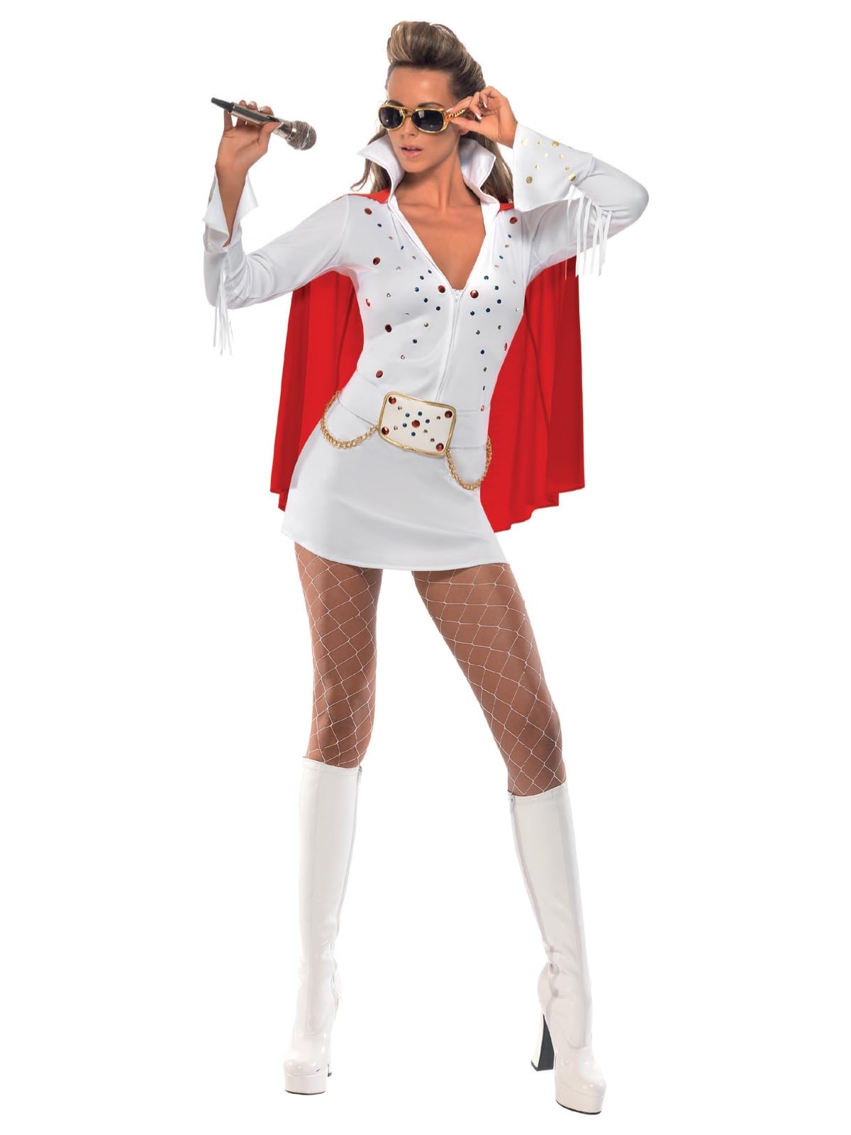 Smiffys Elvis Viva Las Vegas Costume for Adults, Dress and Cape, White and Red, Officially Licensed, Elvis Dress with Detachable Belt and Chain Detail, Perfect for Matching Fancy Dress