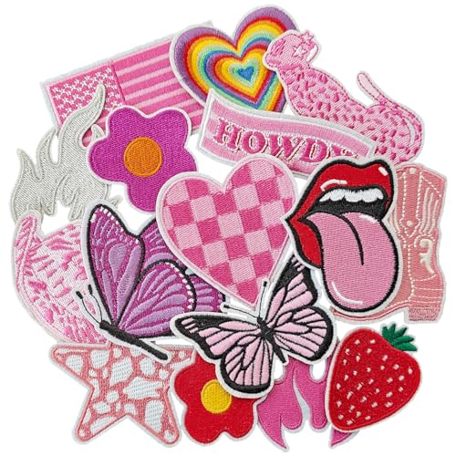 Harsgs 16PCS Pink Western Style Patches, Embroidered Iron On/Sew On Cowboy Cowgirl Themed Patches, Applique Patches for Clothing, Jackets, Hats, Backpacks, Jeans