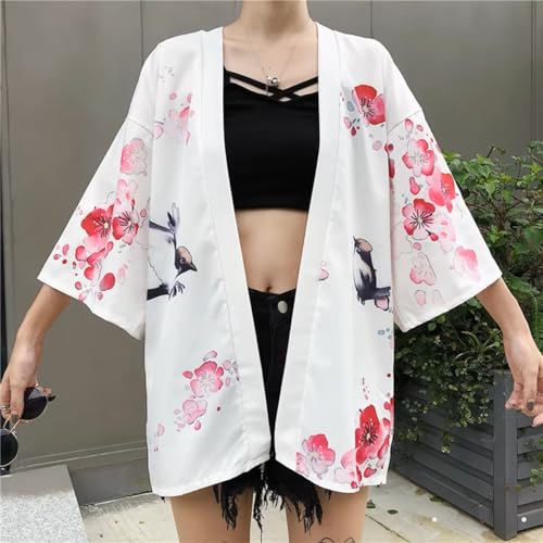 GK-O Women Japanese Kimono Cardigan Geisha Style Print Yukata Jacket Lightweight Haori Coat Summer Fashion (White)