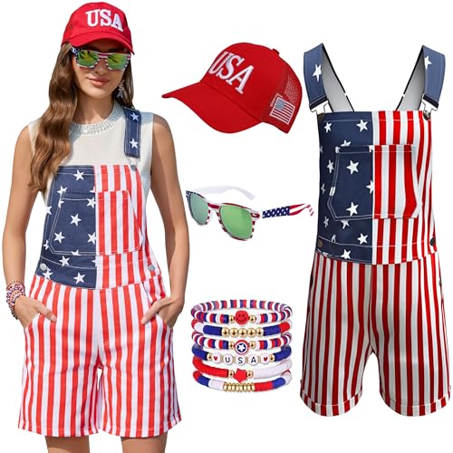 OPDNBON American Flag Overalls Women USA Hat Patriotic Sunglasses Independence Day Bracelets 4 Pcs 4th of July Outfits(American Flag M)