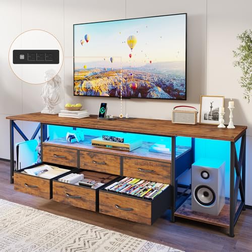 BTHFST TV Stand with LED Lights & Power Outlets, for TVs up to 80 Inches, 6 Drawers Entertainment Center with Open Storage Shelves, 63' TV Media Console Table for Living Room, Bedroom, Rustic Brown