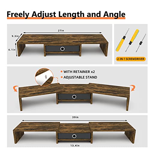 Image of WESTREE Dual Monitor Stand Riser with Drawer, 3 Shelf Computer Monitor Riser with Adjustable Length and Angle, Desktop Monitor Stand Riser Storage Organizer for 2 Monitors