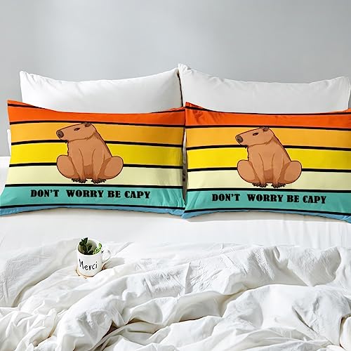 Cute Capybara Bedding Set for Boys Girls Kids Funny Animal Comforter Cover Rainbow Aesthetic Geometric Stripes Duvet Cover Cartoon Kawaii Pet Quilt Cover with Zipper Closure & Corner Ties - Image 4