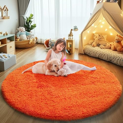 Orange Fluffy Round Rug,Soft Area Rugs for Girls Room,Shaggy Rugs 5'X5' for Living Room,Non Slip Circle Rug for Kids Bedroom,Shag Plush Nursery Carpets,Fuzzy Plush Rug for Dorm,Cute Room Decor Carpet