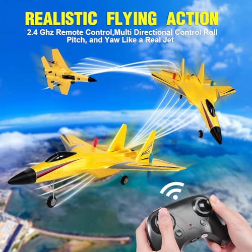 Image of SU-27 RC Airplane,2.4GHz 2 Channel Remote Control Plane with Gyro Night Lights and 2 Batteries, Easy to Fly for Adults, Beginners and Kids Yellow Toy