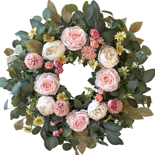 WANNA-CUL 24 Inch Spring Peony Wreaths for Front Door,Spring Mothers