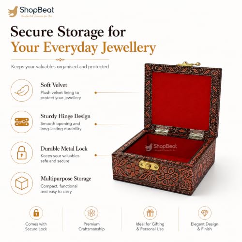 Image of Wooden Jewellery Box for Women - Marigold Gold | Handcrafted Pichwai Design with Lock | 4x4 Inch Organizer for Earrings Rings | Return Gift for Wedding Diwali Pooja