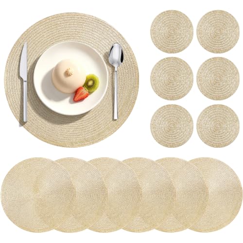 HEYOMART Round Placemats Table Mats and Coasters Set of 6 Gold
