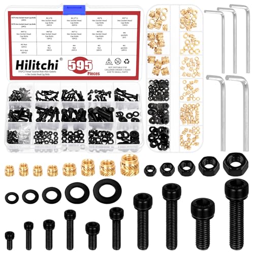 Hilitchi 595PCS M2 M2.5 M3 M4 M5 Hex Socket Head Cap Bolts and Brass Knurled Nuts with Hex Wrench and Flat Washers Nuts Assortment Kits Metric Machine Bolts Threaded Inserts