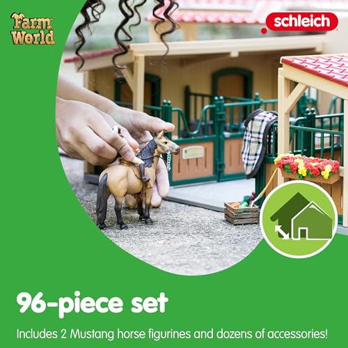 schleich Farm World - 43PC Stable Playset with Horse Figurines - Barn Play Set with Horseback Rider Figure and Equestrian Accessories - Realistic Horse Toys for Screen-Free Play - Kids 3+ | 42195