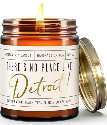 Detroit Gifts, Detroit Decor for Home - 'There's No Place Like Detroit Candle, w/Black Tea, Musk & Amber I Detroit Souvenirs I 9oz Jar, 50Hr Burn, Made in USA