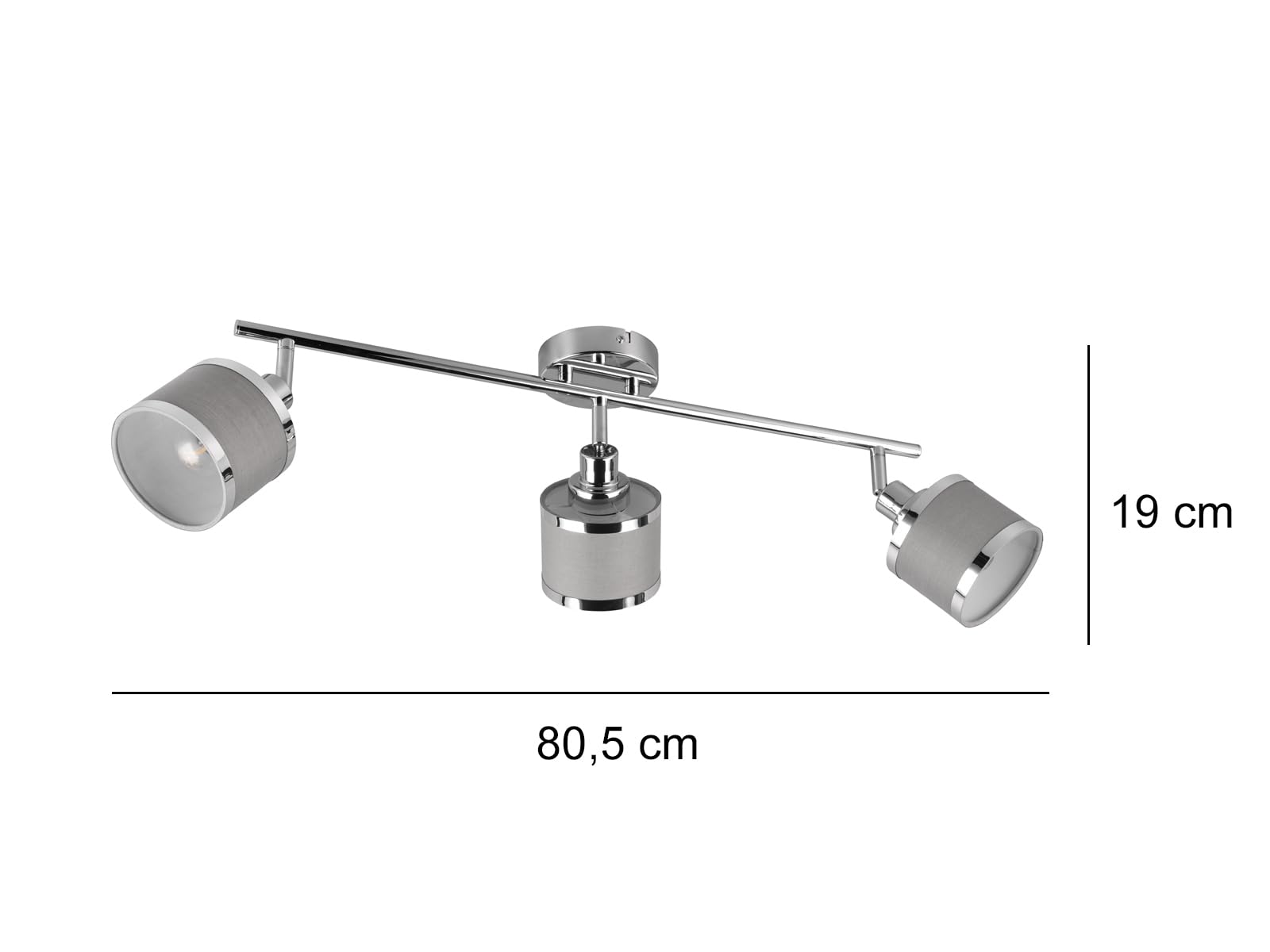 3-flammiger Deckenstrahler Silber Chrom, Stoffschirme Grau Breite 80cm