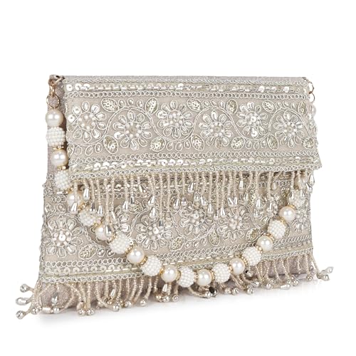 Image of Nevis PU Silk Fabric Women's Embellished bride Clutch with Pearl Handle | Fancy Designe & Wedding Potli Bag for Festive & Evening