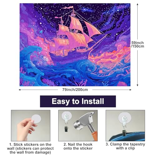 Image of BlissYard Psychedelic Ocean Ship Black Light Tapestry UV Reactive Trippy Sea Wave Wall Hanging 78x59 Inch Neon Sailing Scene Starry Sky Decor For Bedroom Living Room Dorm Party Decoration