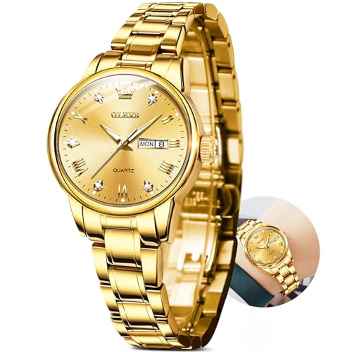 Image of OLEVS Luxury Ladies Watches,Women's Watch with Day and Date,Female Watch for Small Wrist,Gold Stainless Steel Watches for Women,Easy Read Ladies Wrist Watches Waterproof(Adjustable Strap