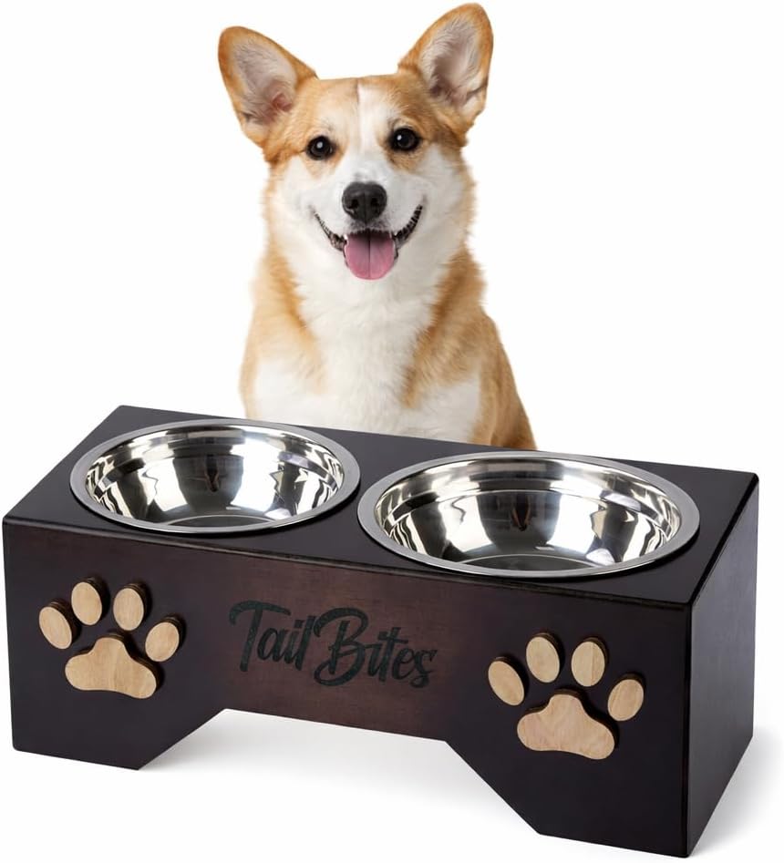 Raised Dog Bowls for Medium & Large Dogs – Wooden Elevated Dog Feeder Stand with 2 Stainless Steel Bowls + Chew Treat (14” x 7” x 6”)