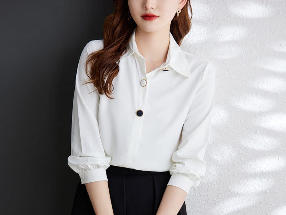 Parte Superior Elegante,Elegante Solapa De Las Mujeres Tops Sólidos Camisa Blanca Túnica De Satén Camisa De Manga Larga Blusa De Gasa Camisa Casual Oficina Blusa De Negocios para Niñas Damas