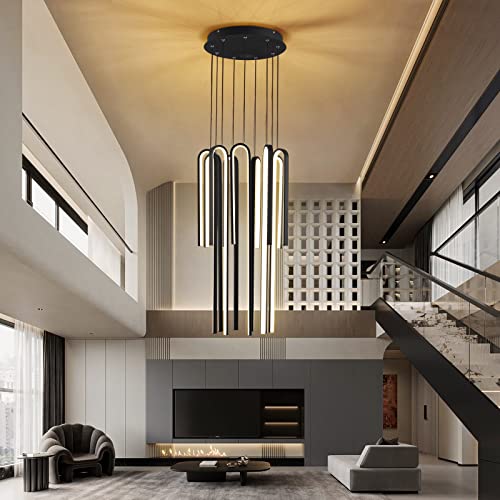 Black Modern Chandelier,9-Light Dimmable Modern Led Chandeliers Hanging Linear Pendant Light Adjustable Height For High Ceiling Living Room Foyer Contemporary Light Fixtures With Remote Control #TOP7