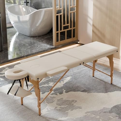 Lovinouse Portable Massage Table with Adjustable Headrest, Modern Massage Folding Table White, 3 Folding Lash Bed Adjustable Height, Portable Folded Bed with Non-Woven Bag for Tattoo, Spa,Chiropractic