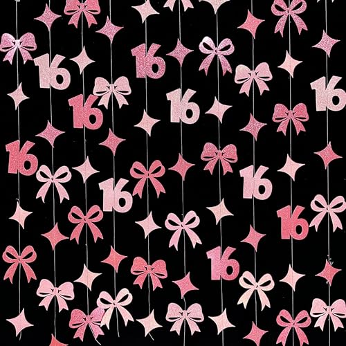 Image of Glitter Pink 16th Bow Birthday Decorations Hot Pink Conquette Bow Garland Streamer Banner Backdrop for Girls Boys Happy 16th Birthday Sweet Sixteen Cheers to 16 Years Old Anniversary Party Supplies