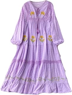 Women Vintage Flowers Embroidered Cotton Medium Length Dress V Neck Tassel Boho Maxi Dresses