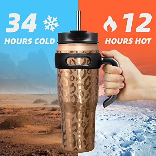 Zibtes 40oz Insulated Tumbler With Lid and Straws, Stainless Steel Double Vacuum Coffee Tumbler With Handle, Keeps Drinks Cold up to 34 Hours or Hot for 12 Hours(Gold Leopard 1 pack) - Thumbnail 2
