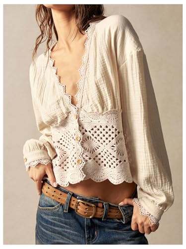 SHENHE Women's Deep V Neck Button Up Crochet Patchwork Long Sleeve Vintage Crop Blouse Top4