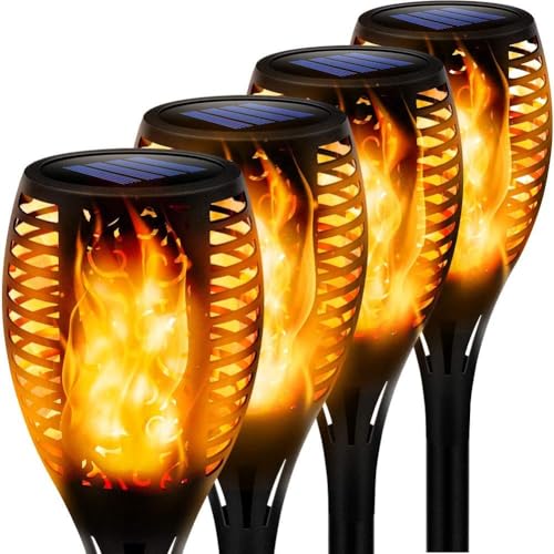 Lumières Torche Solaire Exterieure, 33 LED Lampe Solaire Flamme Étanche IP65, éclairage Solaire Flamme Vacillante Décor pour Jardin, Patio, Chemins, Pelouse-4 Pack