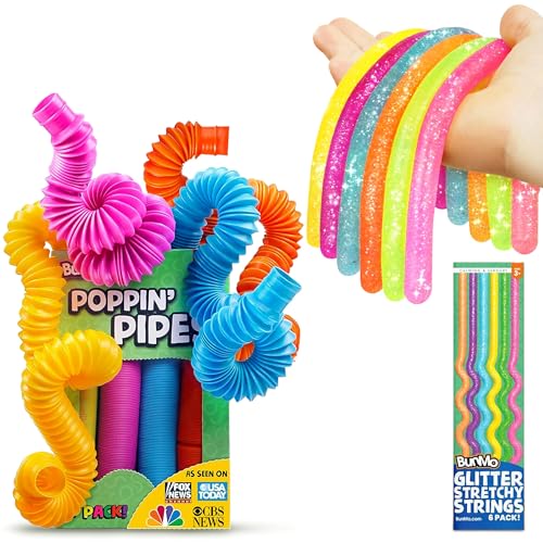 Image of BUNMO Bundle with Pop Tubes & Stretchy Strings Glitter - Sensory Toys for Toddlers - Toddler Toys - Stimulating Sensory Toys for Kids - Fidget Toy - Connect, Stretch, Twist & Pop