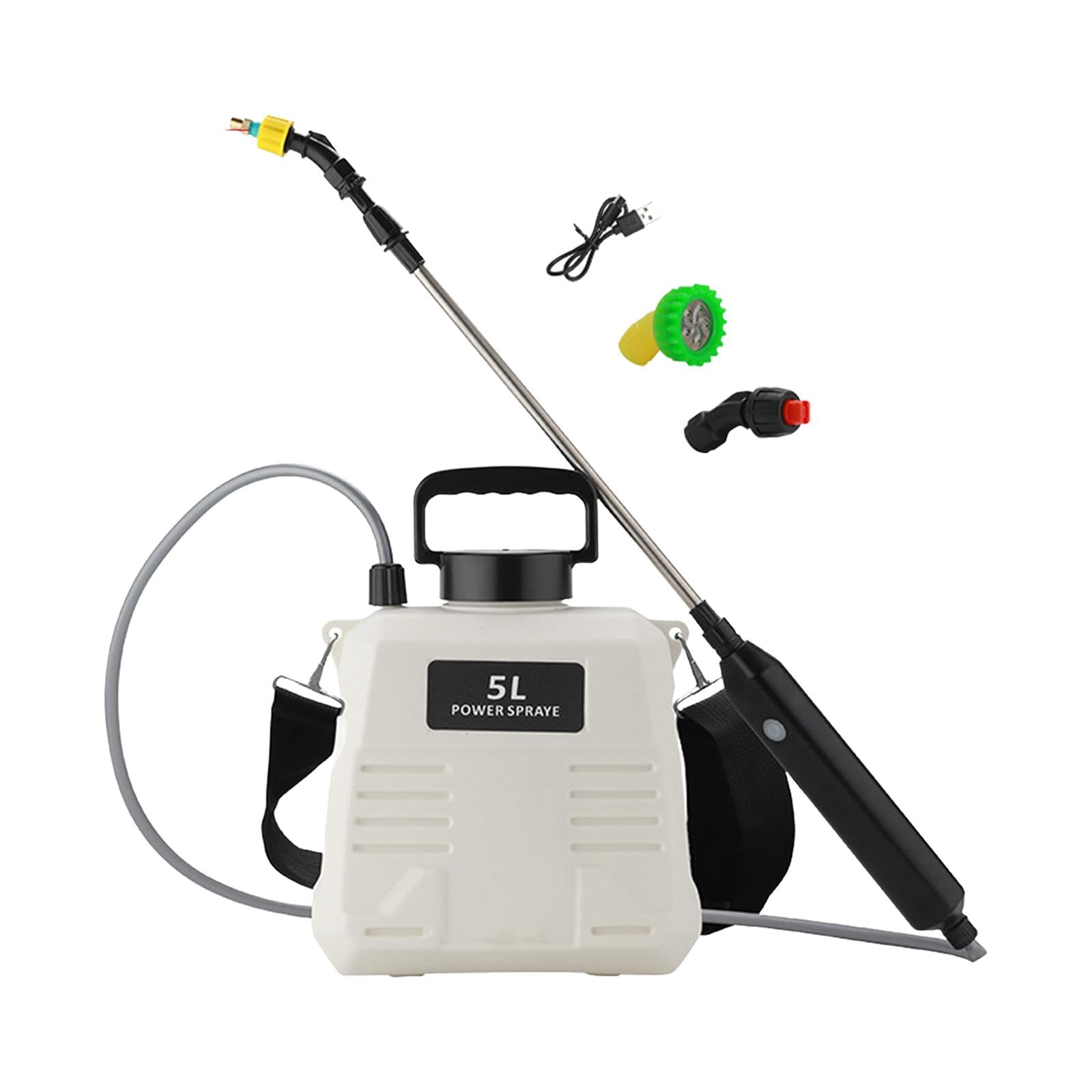 Pulverizador Eléctrico con 3 Boquillas de Niebla, Correa para El Hombro Y Varillas Telescópicas para Riego Exterior, 5L Blanco