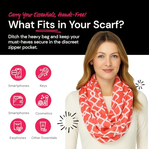 Women Chain Link Pattern Infinity Scarf Wrap Scarf with White Zipper Pocket, Infinity Scarves3