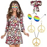 Disfraz Hippie de Los Años 60 y 70, 6 Piezas Conjunto de Hippie para Mujer, Traje Discoteca, con Diadema, Collar, Aretes y...