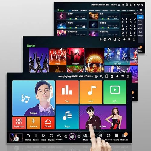 System karaoke z ekranem dotykowym, mikrofonem bezprzewodowym, wzmacniaczem mocy, sterowaniem aplikacją, 1,1 miliona utworów w chmurze do użytku domowego i barowego