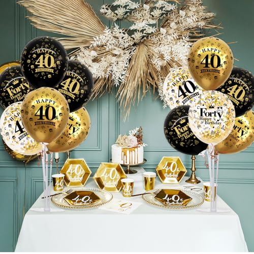 Image of TONIFUL 4 Set Black Gold 40 Printed Balloon Stands for 40th Birthday Decor