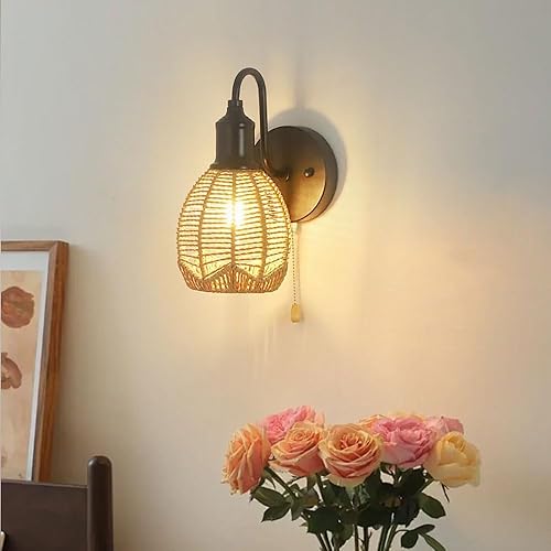 Miniatura 4 de Lámpara de pared de ratán, aplique de pared vintage de granja, lámpara de pared negra retro con tirador, iluminación interior cableada para sala de