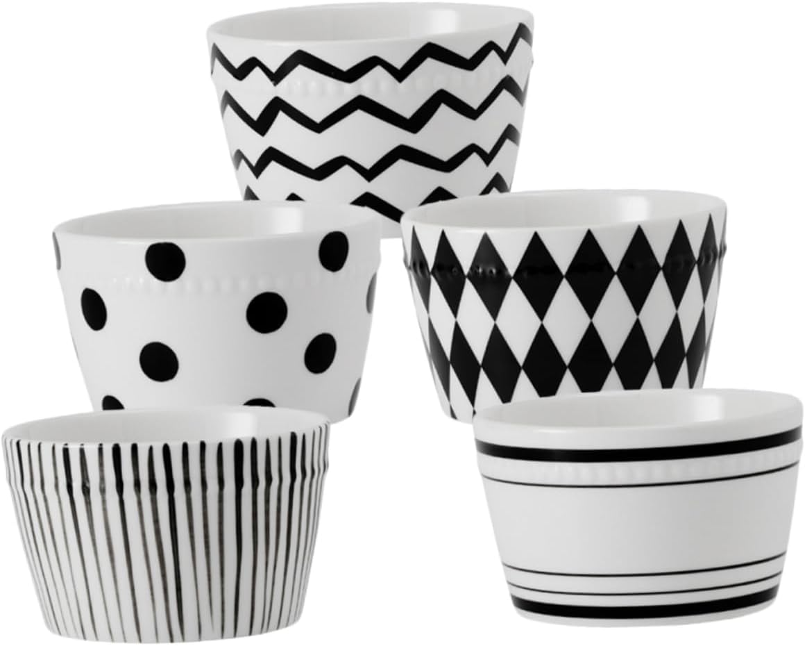 ABOOFAN 5pcs Ceramic Rice Bowls Set Multi-purpose Dinnerware for Noodles Salad and Desserts Modern Black and White Design Microwave and Dishwasher Safe