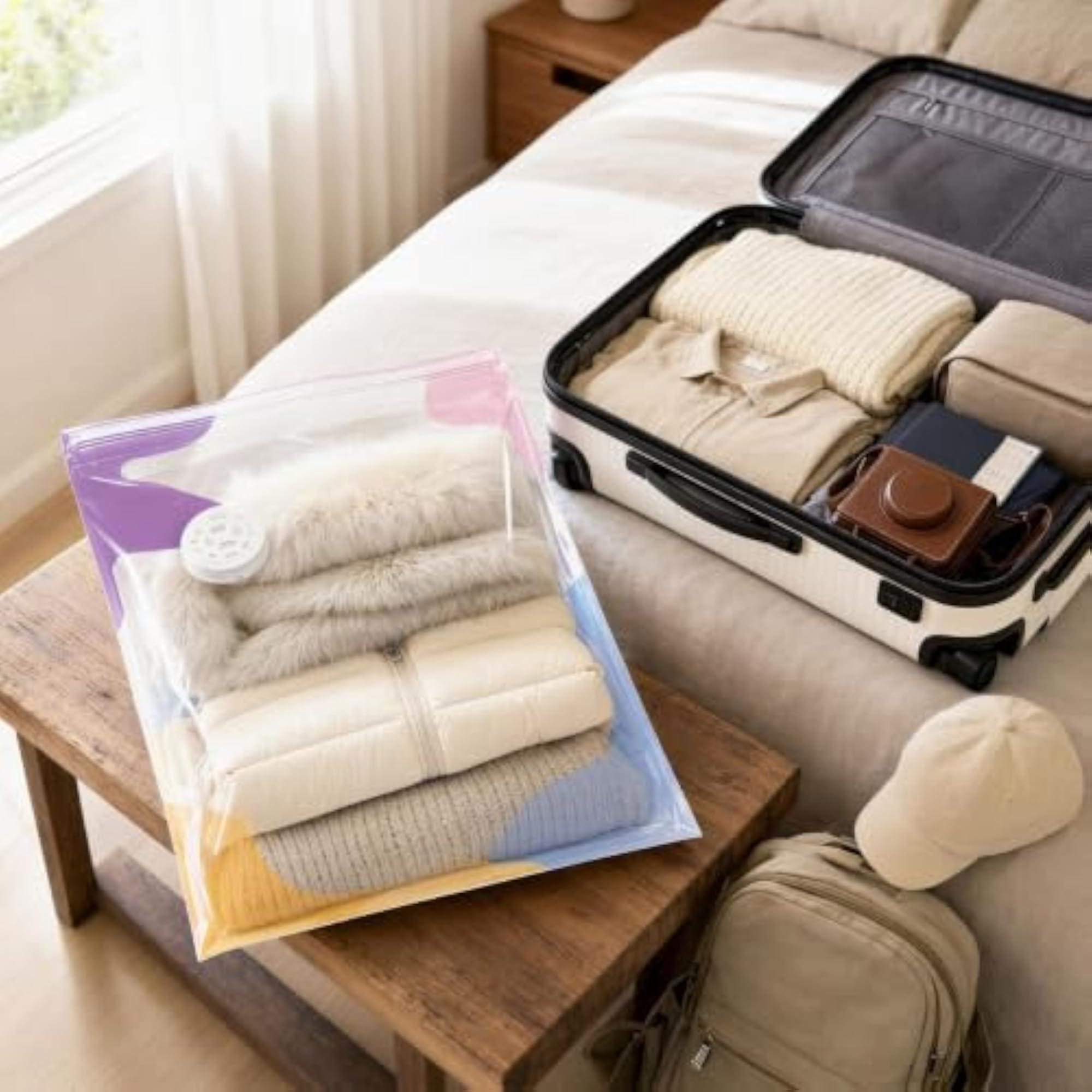 Travel Hand-Roll Vacuum Compression Bags for Clothes and Quilts, 2-Pack