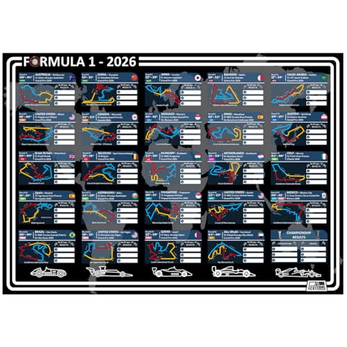 Pick A Lane Formula 1 Racing Schedule 2026 Wallchart (A2 Poster 42cm x 59.4cm) with details of all F1 races in the 2026 season calendar