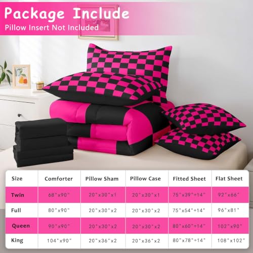 Image of Feelyou Checkered 7 Piece Bedding Set Teen Dark Red Black Plaid Comforter Set with Sheets Twin Size Kids Boys Cute Retro Neutral Checkerboard Geometric Bed in a Bag Vintage Aesthetic Room Decor