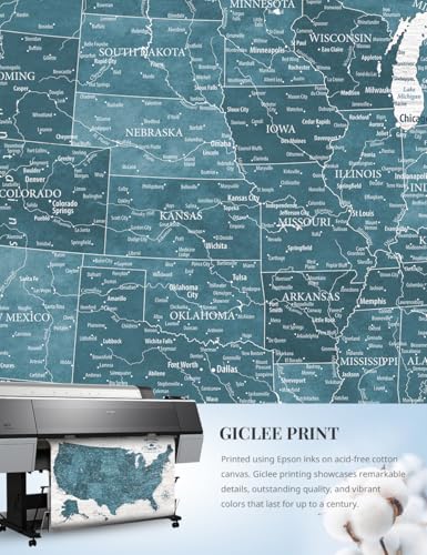 Image of IPIC - Large Vintage Teal USA Map Wall Art, Push Pin USA Map to Track Your Travels, Farmhouse Style Canvas Wall Decor for Home, Office, Living Room or RV, Ready to Hang, Made in USA