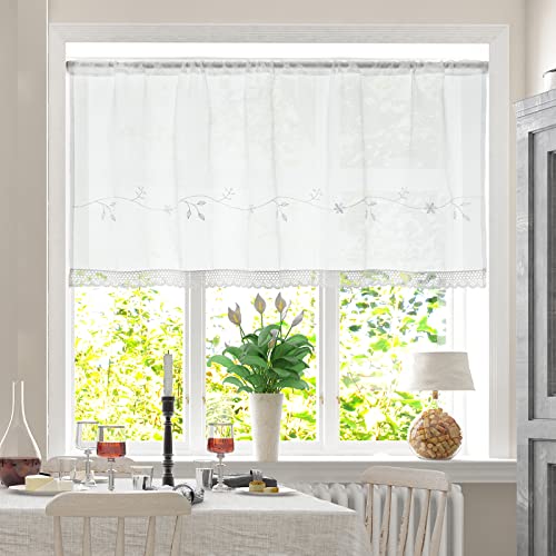 choicehot Voile Spitze Kurzgardine,Halbtransparent Stickerei Kurzstores Gardinen, Scheibengardinen, Bistrogardine, Weiß Küchen Vorhang, Vintage Landhaus Scheibengardine 30×120cm(H×B), 1 Stück